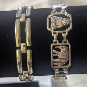 🐘 Vintage Silvertone 2 Bracelets, Elephant Asian Inspired Classic Chain